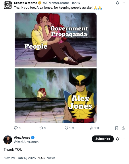 Alex Jones Appreciation - Alex Jones thanked Create a Meme for keeping people awake, showing appreciation from influential media figures. Alex Jones Appreciation