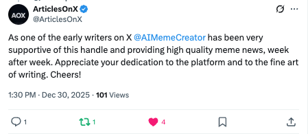 ArticlesOnX Writer Recognition - ArticlesOnX praised Create a Meme as one of the early writers on X, recognizing the account for being supportive and providing high quality meme news week after week, appreciating the dedication to the platform and fine art of writing. ArticlesOnX Writer Recognition