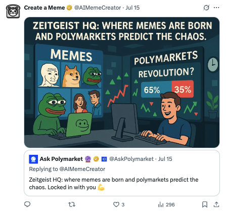 Ask Polymarket Partnership - Ask Polymarket engaged with Create a Meme about memes predicting chaos in markets, showing crossover appeal. Ask Polymarket Partnership