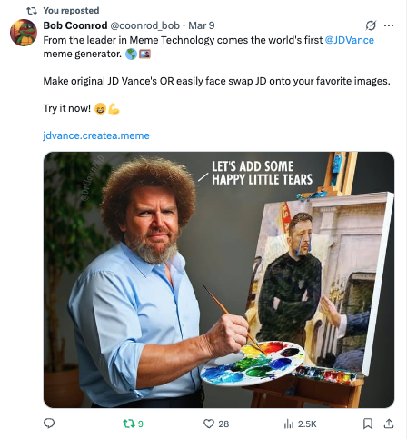 Bob Coonrod JD Vance Feature - Bob Coonrod featured Create a Meme's JD Vance meme generator, showcasing our specialized political content tools. Bob Coonrod JD Vance Feature