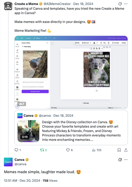 Canva Official Recognition - Canva's official account engaged with Create a Meme, acknowledging our platform's integration and creative capabilities. Canva Official Recognition