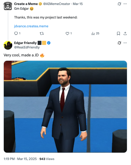 Edgar Friendly JD Vance Appreciation - Edgar Friendly praised Create a Meme's JD Vance generator, showing appreciation for our specialized tools. Edgar Friendly JD Vance Appreciation