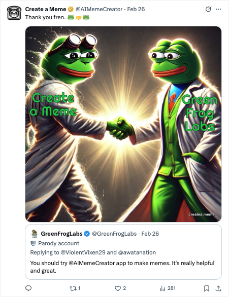 Green Frog Labs Collaboration - Green Frog Labs recommended Create a Meme to their community, showcasing cross-platform collaboration. Green Frog Labs Collaboration
