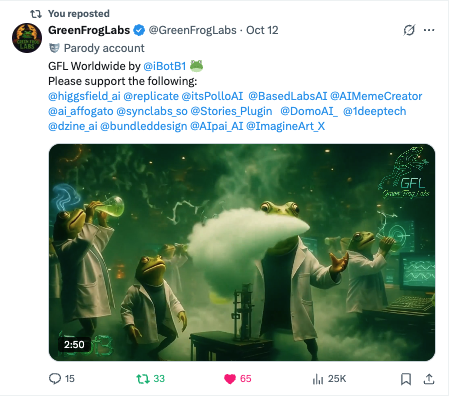 Green Frog Labs Partnership Recognition - Green Frog Labs featured Create a Meme alongside major AI companies in their GFL Worldwide parody account promotion, showcasing our standing in the AI community. Green Frog Labs Partnership Recognition