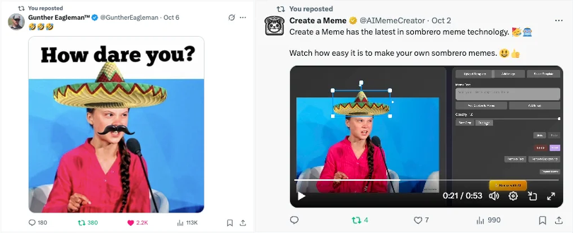 Gunther Eagleman Viral Sombrero Meme - Influencer Gunther Eagleman's stolen "How dare you?" sombrero meme went viral with 2.2K likes and 113K views - originally created using Create a Meme's sombrero meme technology (proof shown). Gunther Eagleman Viral Sombrero Meme