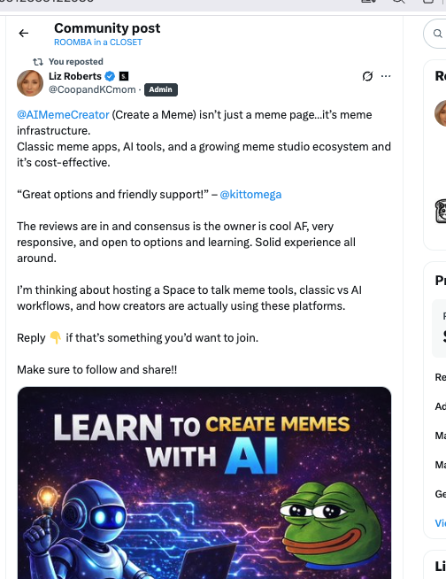Liz Roberts Meme Infrastructure Praise - Liz Roberts highlighted that Create a Meme isn't just a meme page—it's meme infrastructure with classic meme apps, AI tools, and a growing meme studio ecosystem that's cost-effective, praising the great options, friendly support, and owner's coolness. Liz Roberts Meme Infrastructure Praise