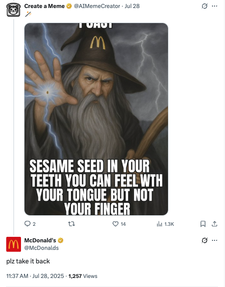 McDonald's Replies to Create a Meme - McDonald's official account engaged with one of our viral memes, showing major brands responding to our content. McDonald's Replies to Create a Meme