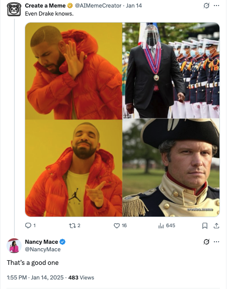 Nancy Mace Responds - Congresswoman Nancy Mace engaged with Create a Meme content, bringing political attention to our platform. Nancy Mace Responds