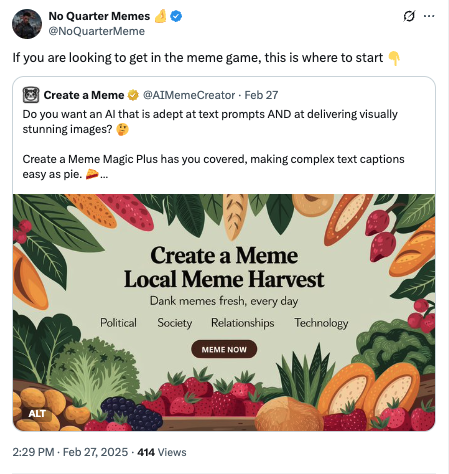 No Quarter Meme Endorsement - No Quarter Meme highlighted Create a Meme as the place to start for meme creation, showing community recognition. No Quarter Meme Endorsement