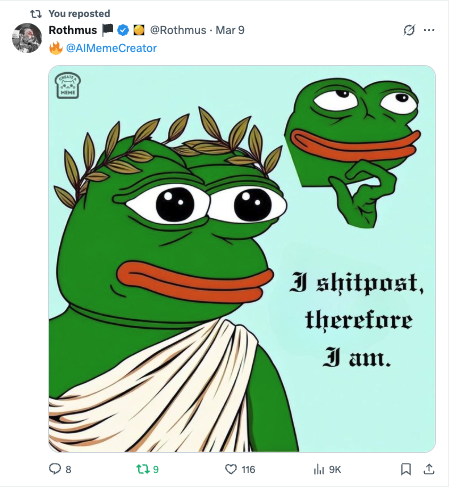 Rothmus Repost Shoutout - Rothmus gave Create a Meme a repost shoutout, showing appreciation from the meme community. Rothmus Repost Shoutout