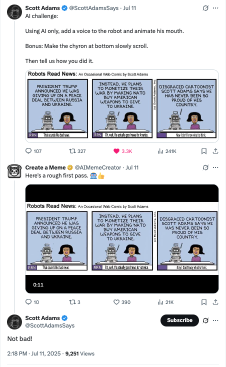 Scott Adams AI Challenge Recognition - Scott Adams recognized Create a Meme's contribution to his AI challenge, highlighting our platform's capabilities. Scott Adams AI Challenge Recognition