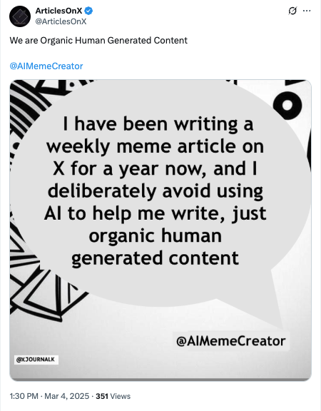 Articles OnX Feature - Articles OnX featured Create a Meme as organic human-generated content, distinguishing our platform's authentic approach. Articles OnX Feature