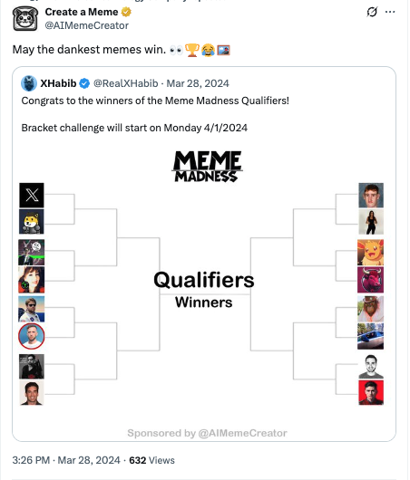 Meme Madness Sponsorship - Create a Meme sponsored the Meme Madness competition featuring top creators including Elon Musk (who ultimately flaked), demonstrating our support for the meme community. Meme Madness Sponsorship