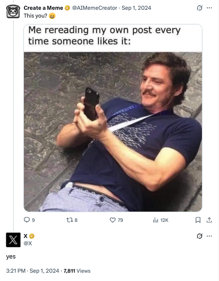 X Platform Official Engagement - The official X account interacted with Create a Meme content, showing platform-level recognition. X Platform Official Engagement